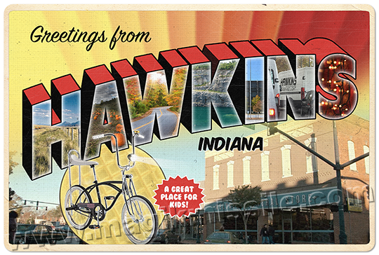 Greetings from Hawkins, Indiana sign